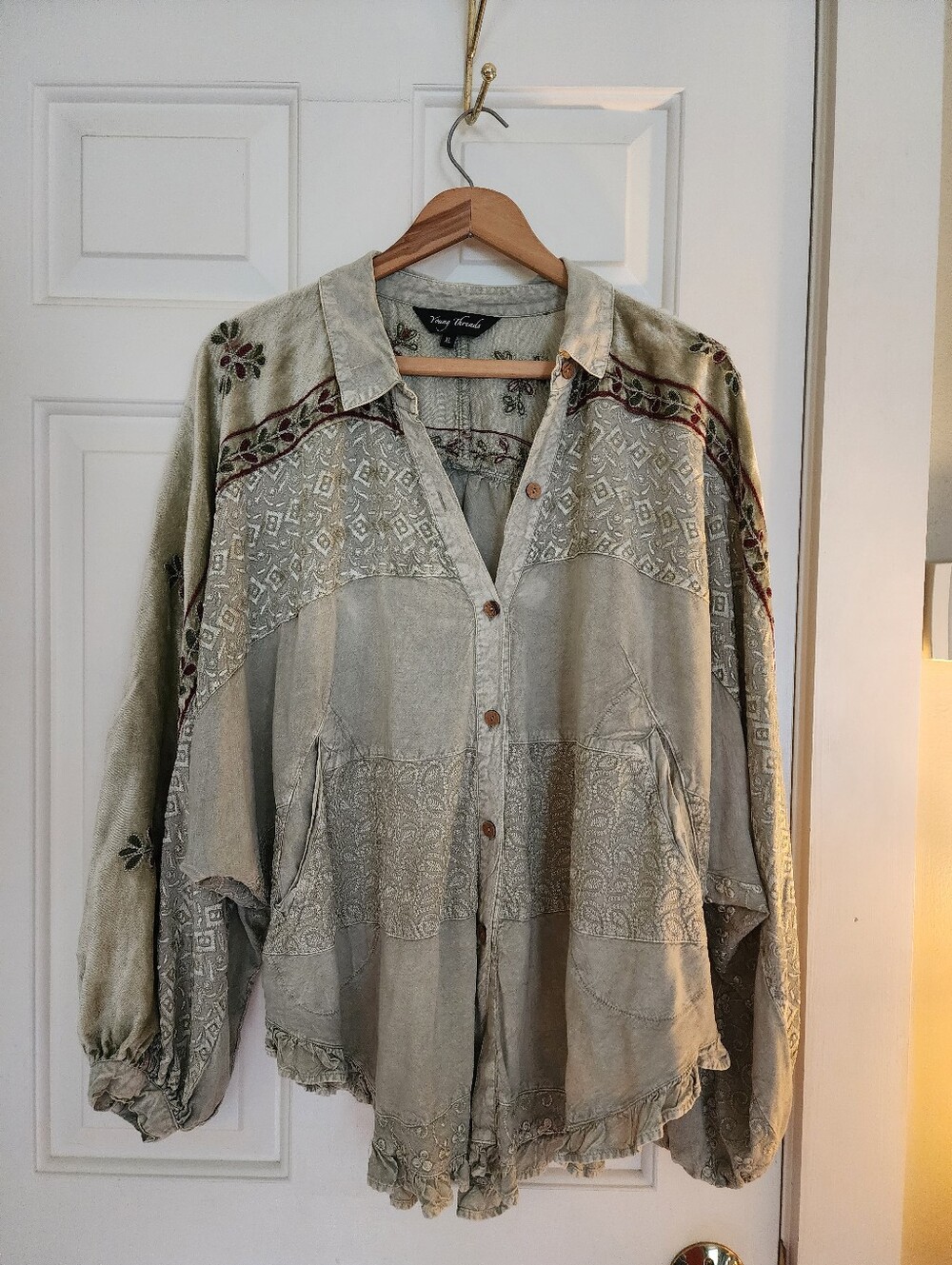 Young Threads Poet Blouse Top Embroidered Floral Velvet Size Xl Olive  Bohemian